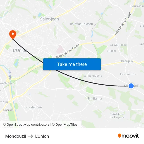 Mondouzil to L'Union map