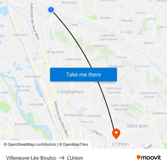 Villeneuve-Lès-Bouloc to L'Union map