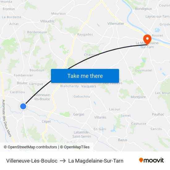 Villeneuve-Lès-Bouloc to La Magdelaine-Sur-Tarn map