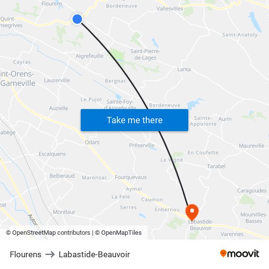 Flourens to Labastide-Beauvoir map