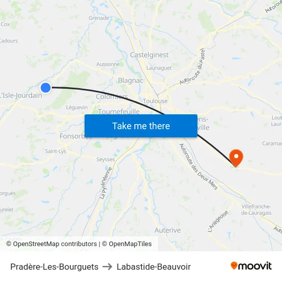 Pradère-Les-Bourguets to Labastide-Beauvoir map
