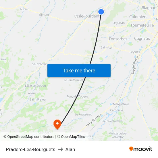 Pradère-Les-Bourguets to Alan map