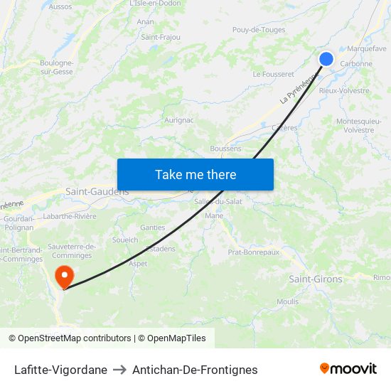 Lafitte-Vigordane to Antichan-De-Frontignes map