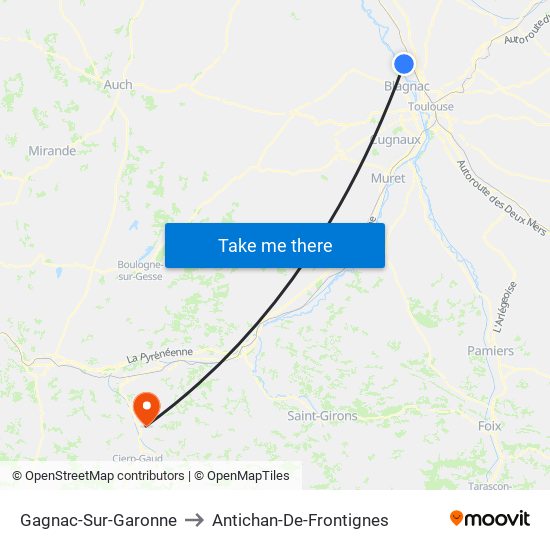 Gagnac-Sur-Garonne to Antichan-De-Frontignes map