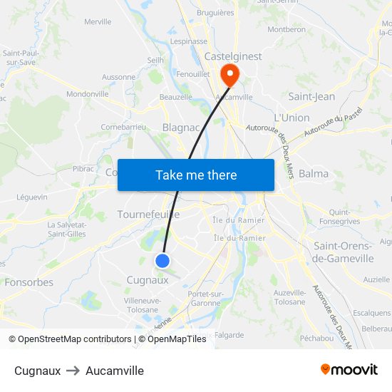 Cugnaux to Aucamville map