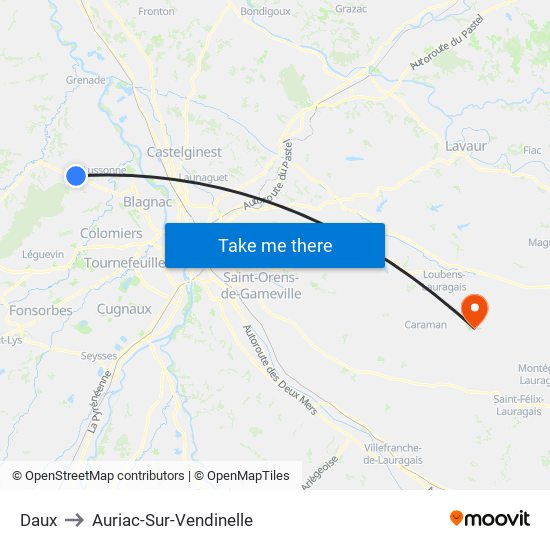 Daux to Auriac-Sur-Vendinelle map