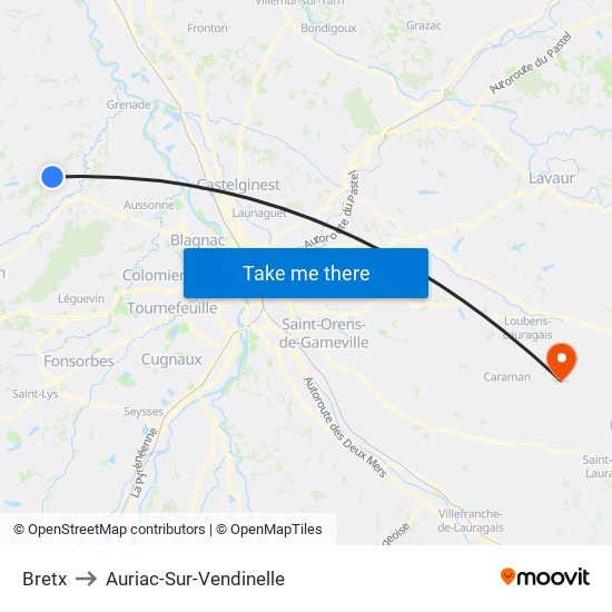 Bretx to Auriac-Sur-Vendinelle map