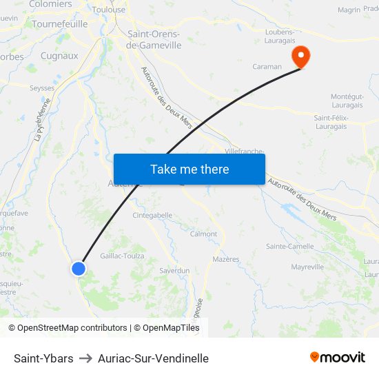 Saint-Ybars to Auriac-Sur-Vendinelle map