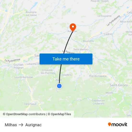 Milhas to Aurignac map