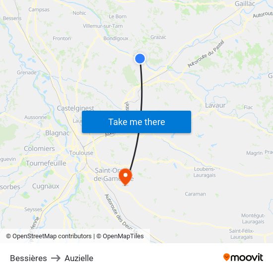 Bessières to Auzielle map