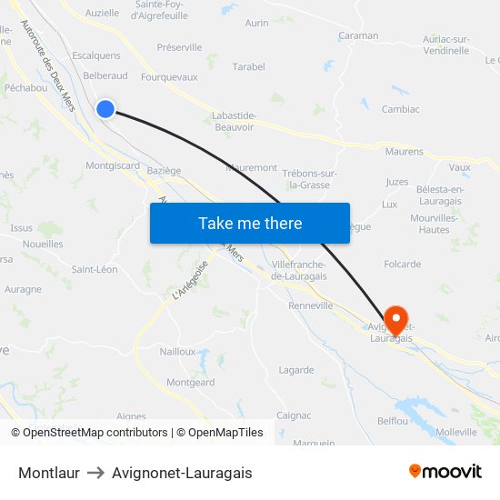 Montlaur to Avignonet-Lauragais map