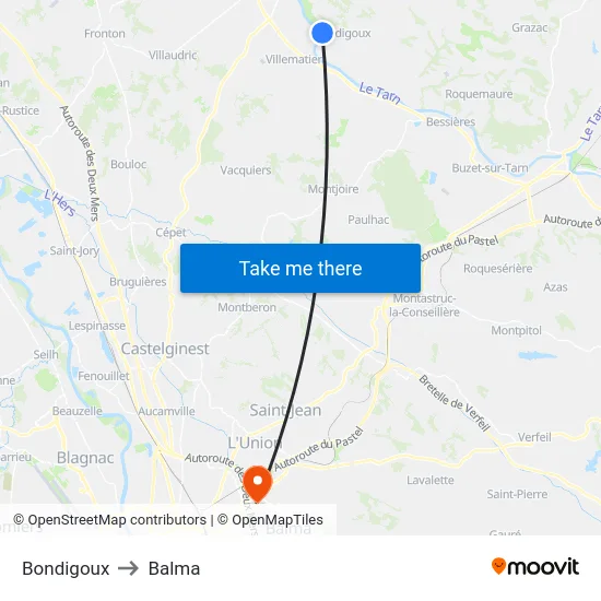 Bondigoux to Balma map