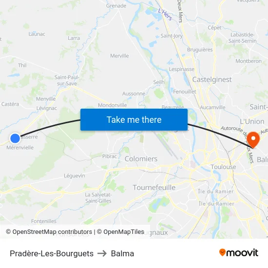 Pradère-Les-Bourguets to Balma map