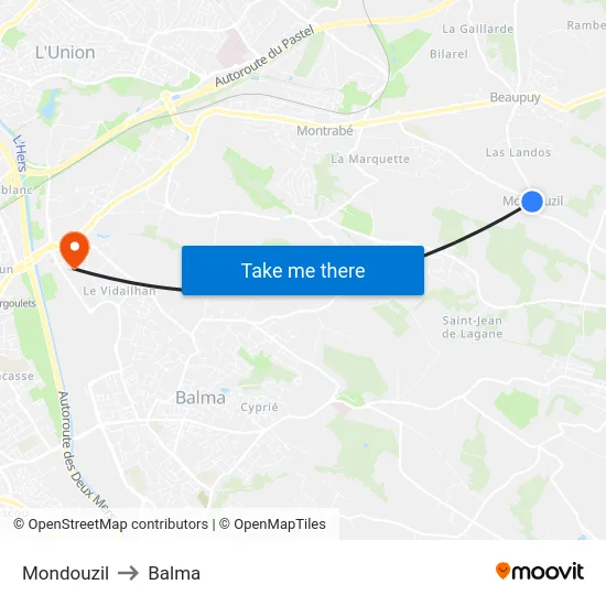 Mondouzil to Balma map