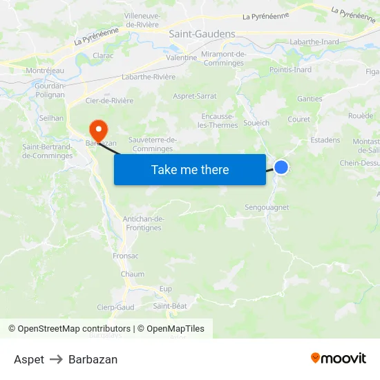 Aspet to Barbazan map