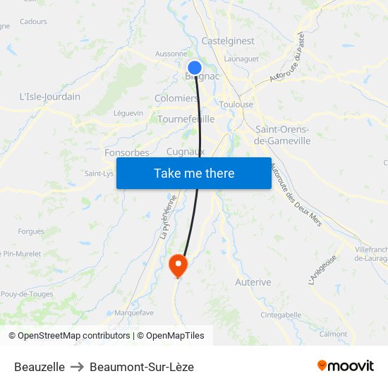 Beauzelle to Beaumont-Sur-Lèze map