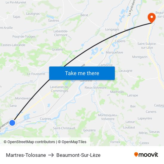 Martres-Tolosane to Beaumont-Sur-Lèze map