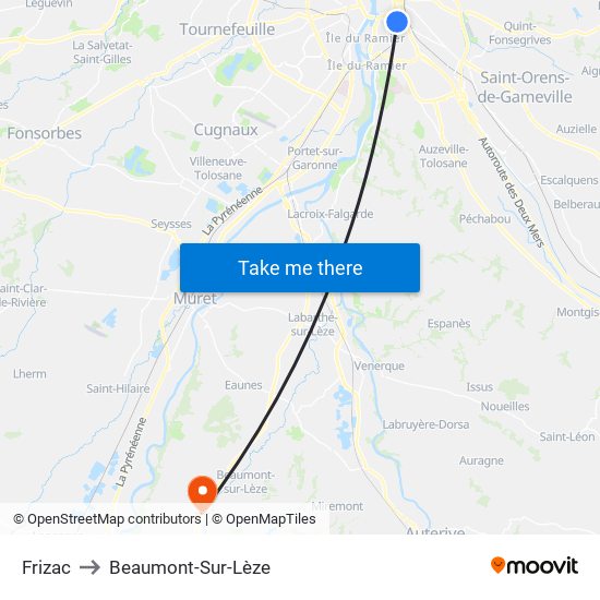 Frizac to Beaumont-Sur-Lèze map