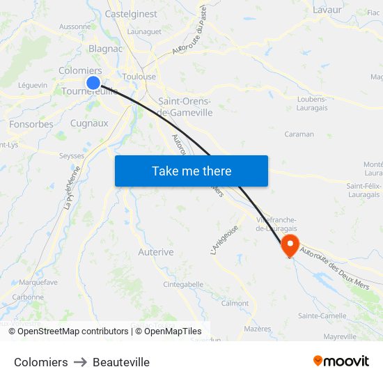 Colomiers to Beauteville map