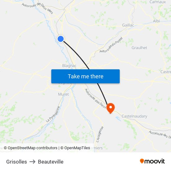 Grisolles to Beauteville map