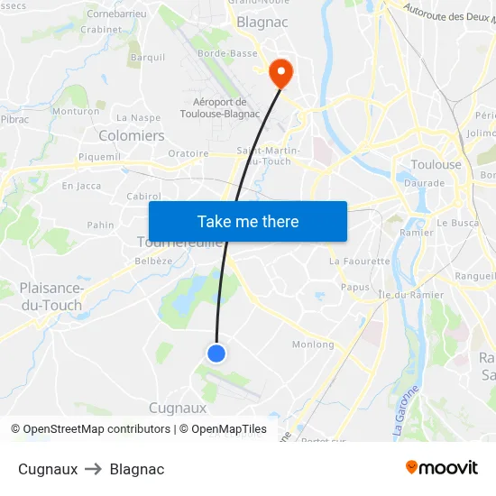 Cugnaux to Blagnac map