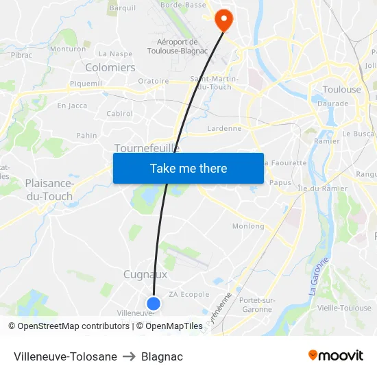 Villeneuve-Tolosane to Blagnac map