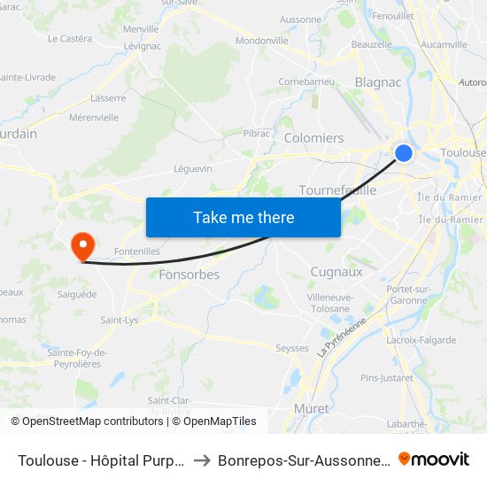 Toulouse - Hôpital Purpan to Bonrepos-Sur-Aussonnelle map