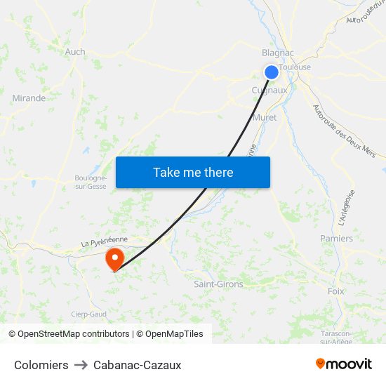 Colomiers to Cabanac-Cazaux map