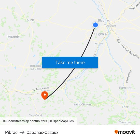 Pibrac to Cabanac-Cazaux map