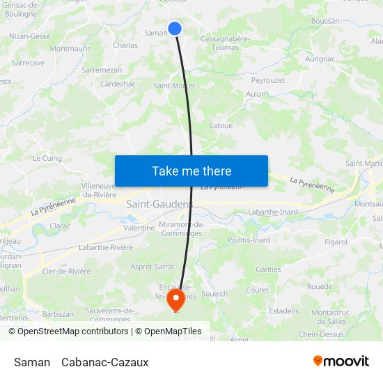 Saman to Cabanac-Cazaux map