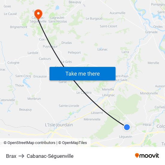 Brax to Cabanac-Séguenville map