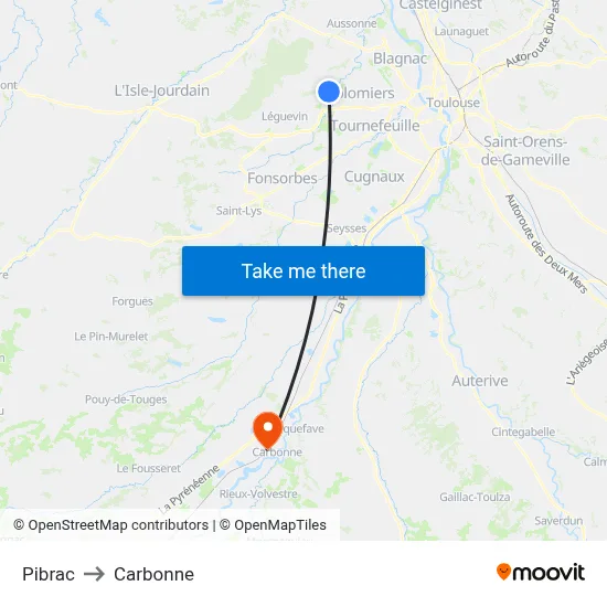 Pibrac to Carbonne map