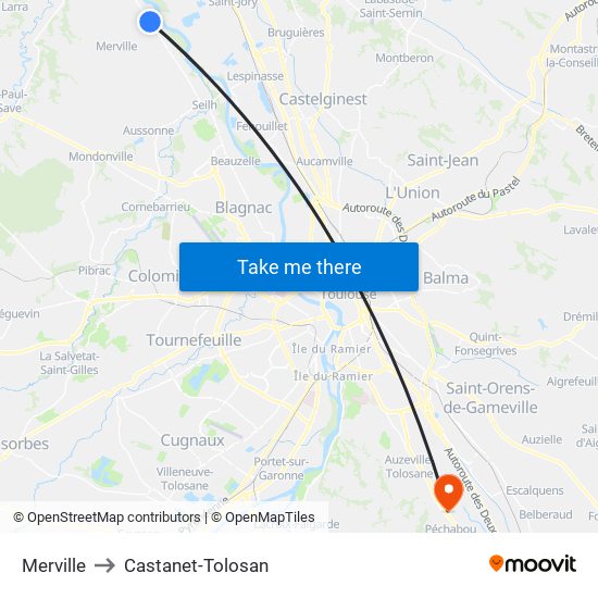 Merville to Castanet-Tolosan map