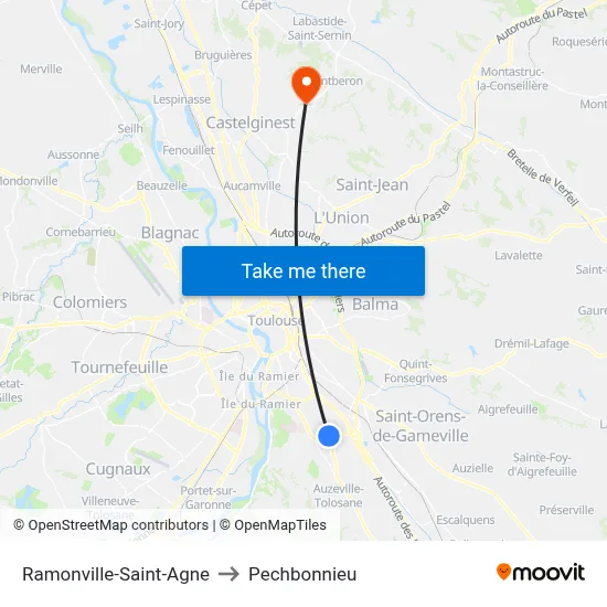 Ramonville-Saint-Agne to Pechbonnieu map
