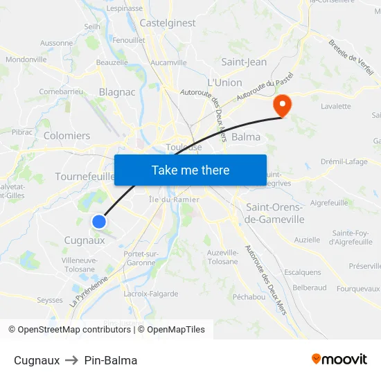Cugnaux to Pin-Balma map