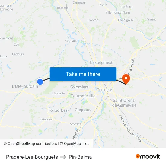 Pradère-Les-Bourguets to Pin-Balma map