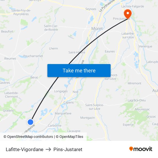 Lafitte-Vigordane to Pins-Justaret map