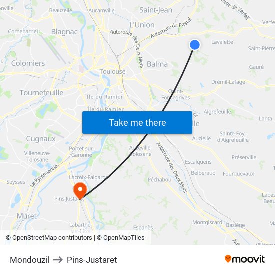 Mondouzil to Pins-Justaret map