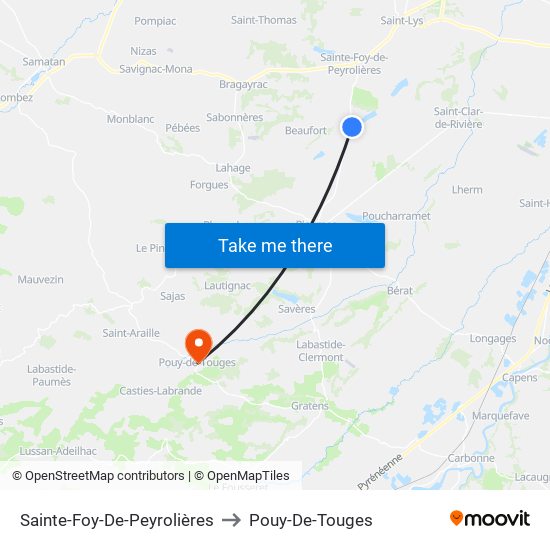 Sainte-Foy-De-Peyrolières to Pouy-De-Touges map