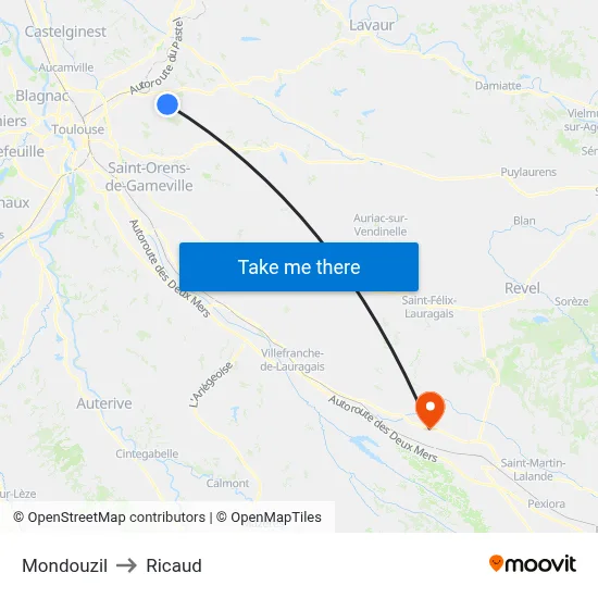 Mondouzil to Ricaud map
