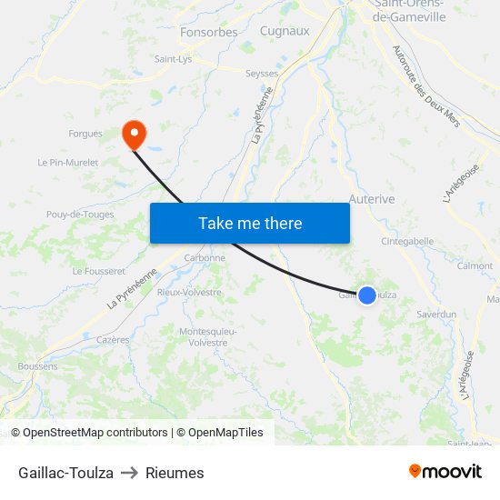 Gaillac-Toulza to Rieumes map