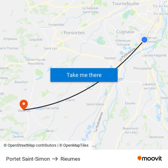 Portet Saint-Simon to Rieumes map