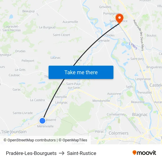 Pradère-Les-Bourguets to Saint-Rustice map