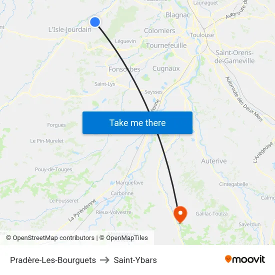 Pradère-Les-Bourguets to Saint-Ybars map