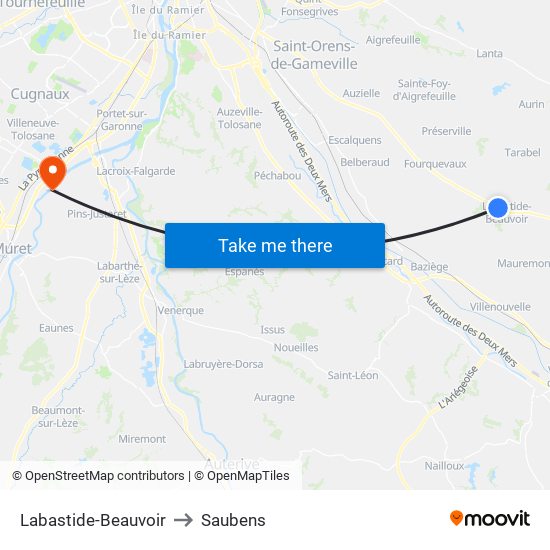 Labastide-Beauvoir to Saubens map