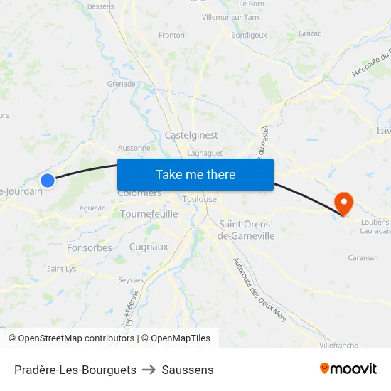 Pradère-Les-Bourguets to Saussens map