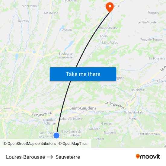 Loures-Barousse to Sauveterre map