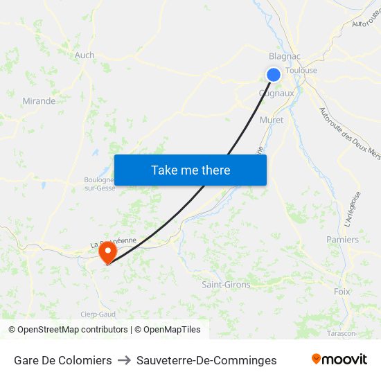 Gare De Colomiers to Sauveterre-De-Comminges map