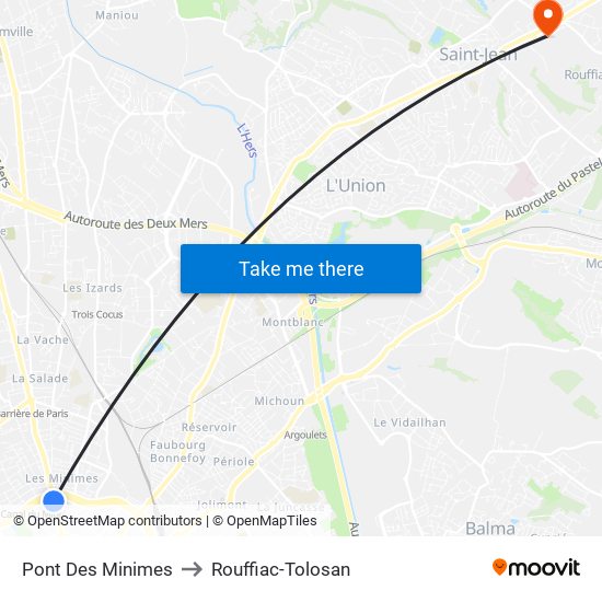 Pont Des Minimes to Rouffiac-Tolosan map