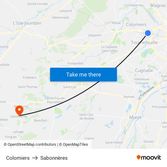 Colomiers to Sabonnères map